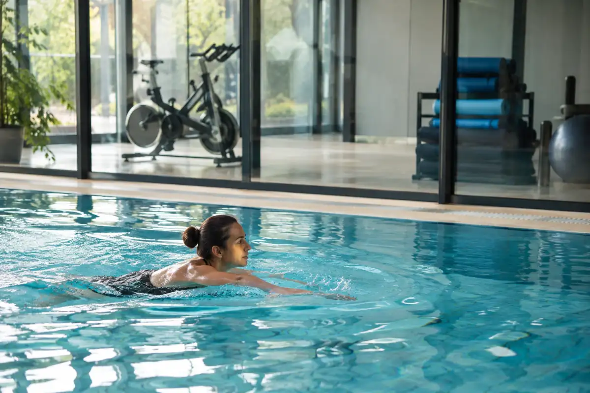 Piscine calme et matériel de sport doux illustrant des activités à faible impact pour ménager les articulations.