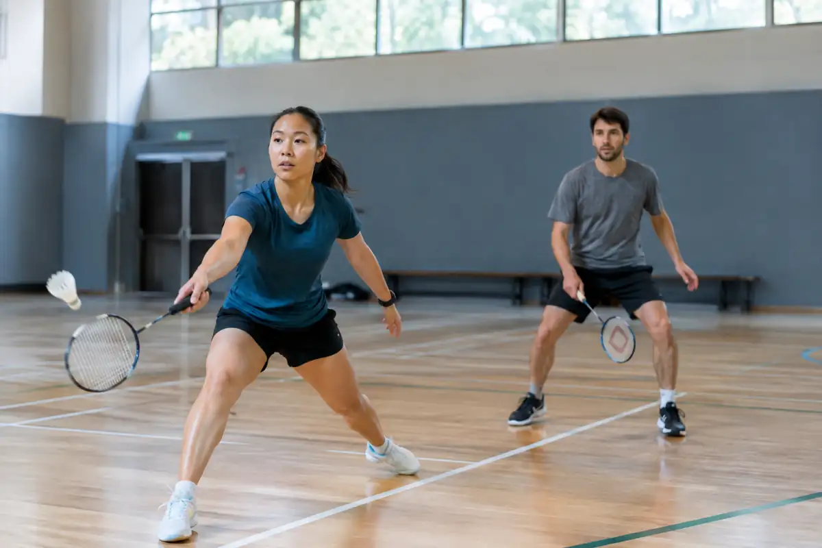 Une femme et un homme jouent au badminton dans un gymnase, raquette en main, sur un terrain de loisir.