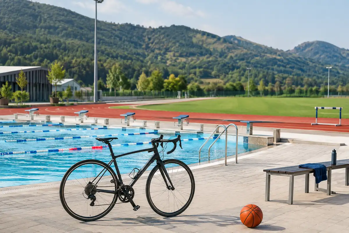 Installations sportives réunissant une piste d’athlétisme, un bassin de natation et du matériel pour choisir un sport olympique d’été.