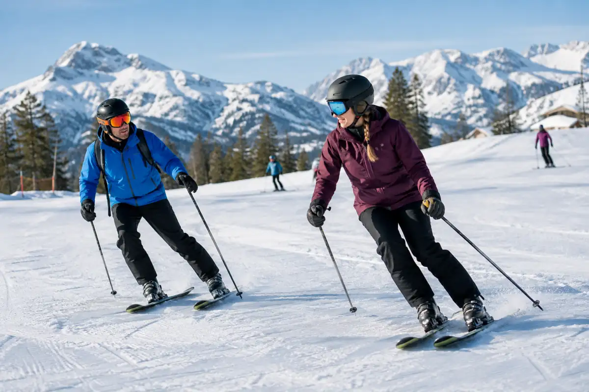 Débutant équipé d’un casque qui apprend à tourner à ski sur une piste facile, avec un moniteur à proximité.
