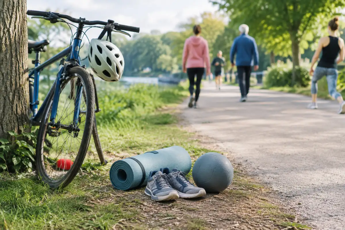 Équipement simple pour un sport pas cher : chaussures de marche, vélo d’occasion, casque, ballon et tapis près d’un parc.