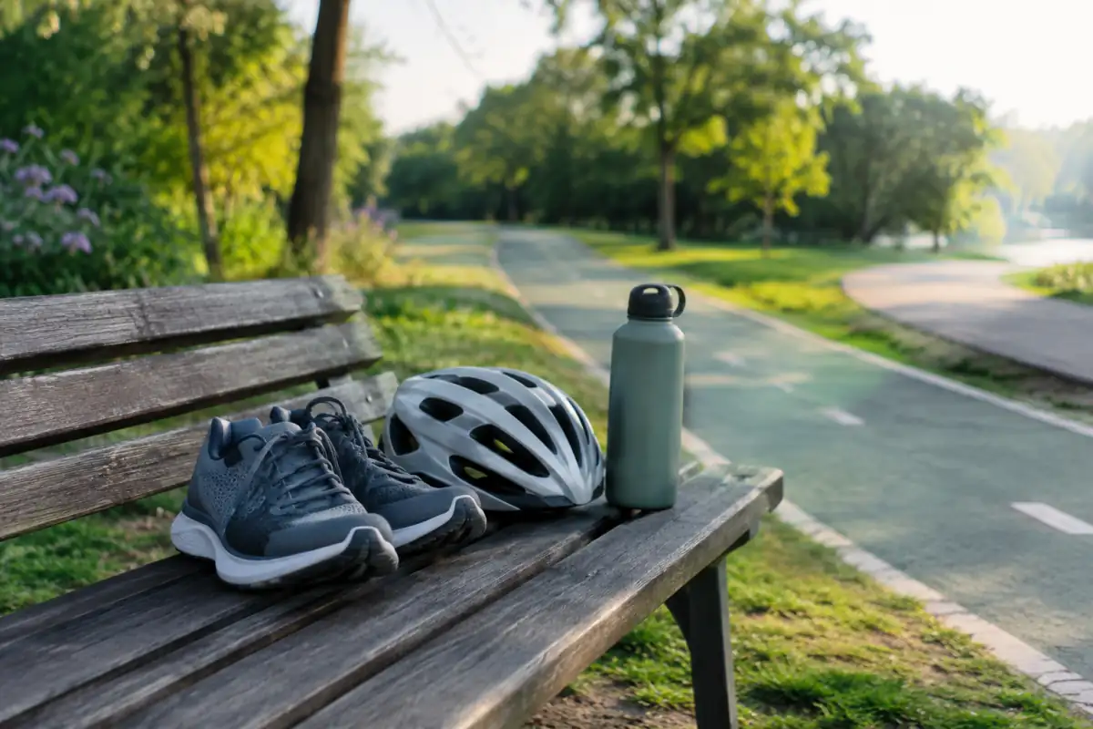 Chaussures de course, casque de vélo et gourde posés sur un banc près d’un chemin de parc.