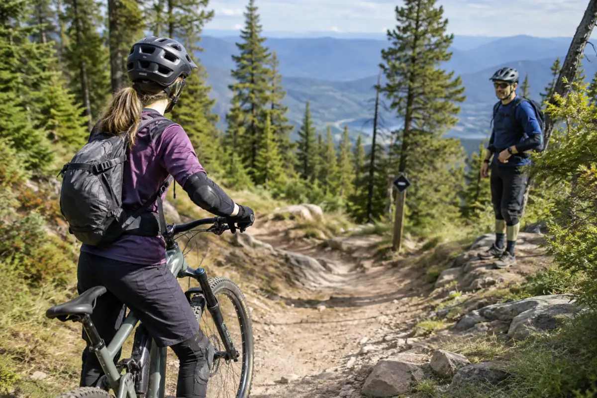 Débutant en VTT de descente, équipé d’un casque et de protections, qui évalue une piste avec un moniteur.