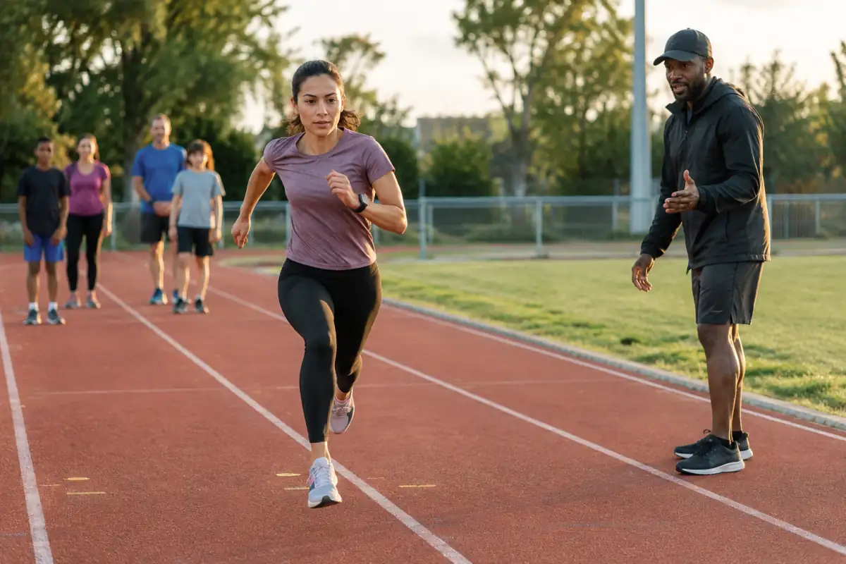 Un adulte débutant réalise une accélération contrôlée sur une piste, sous le regard d’un entraîneur de sprint.