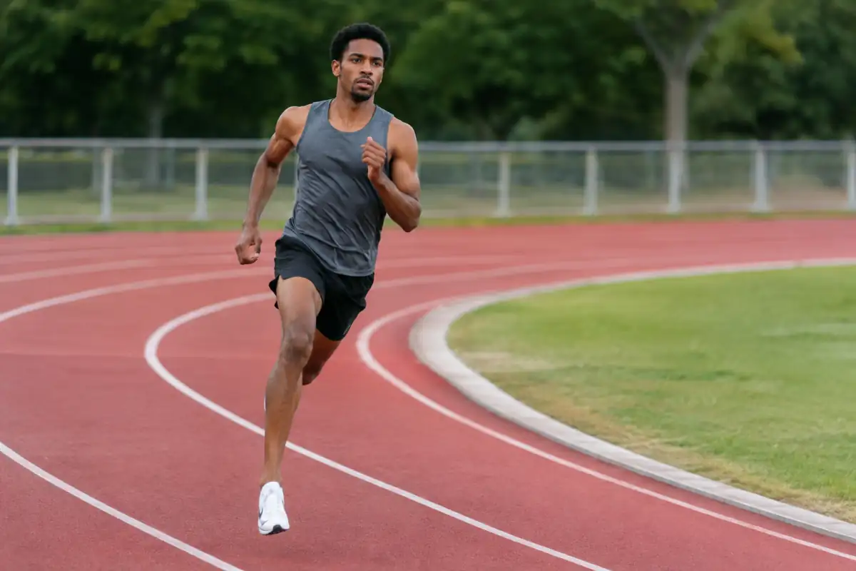 Sprinteur à l’entraînement dans le virage d’une piste, corps légèrement incliné et bras relâchés pour travailler le 400 m.