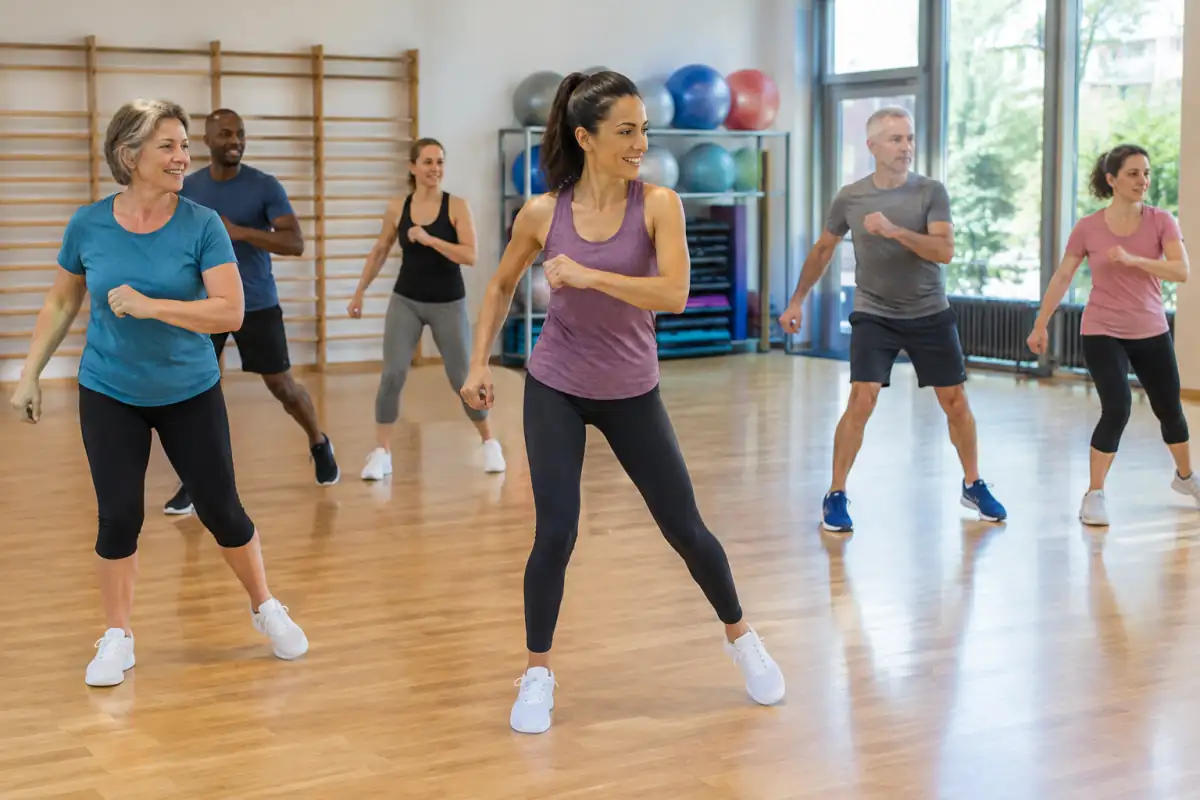 Des adultes suivent un cours d’aérobic fitness en salle, en reproduisant des pas rythmés et des mouvements de bras.
