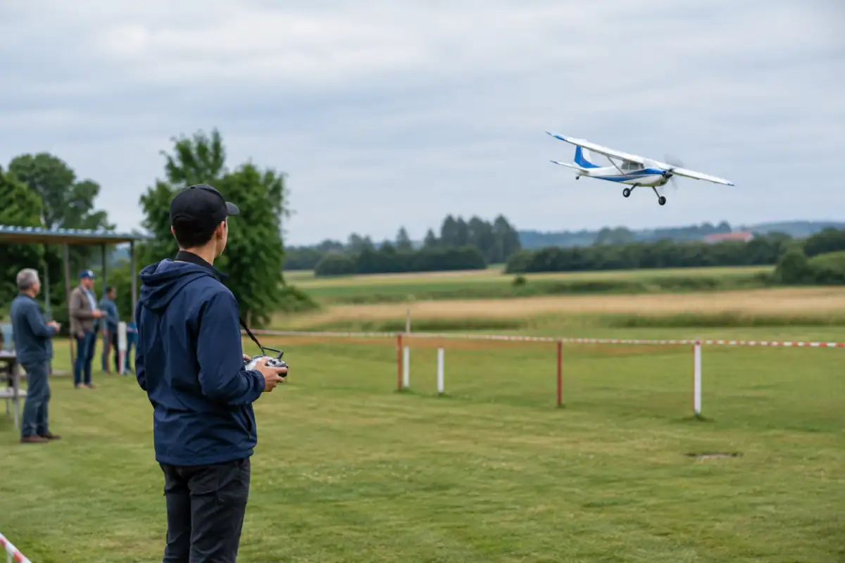 Un pilote fait évoluer un avion-école radiocommandé au-dessus du terrain en herbe d’un club d’aéromodélisme français.
