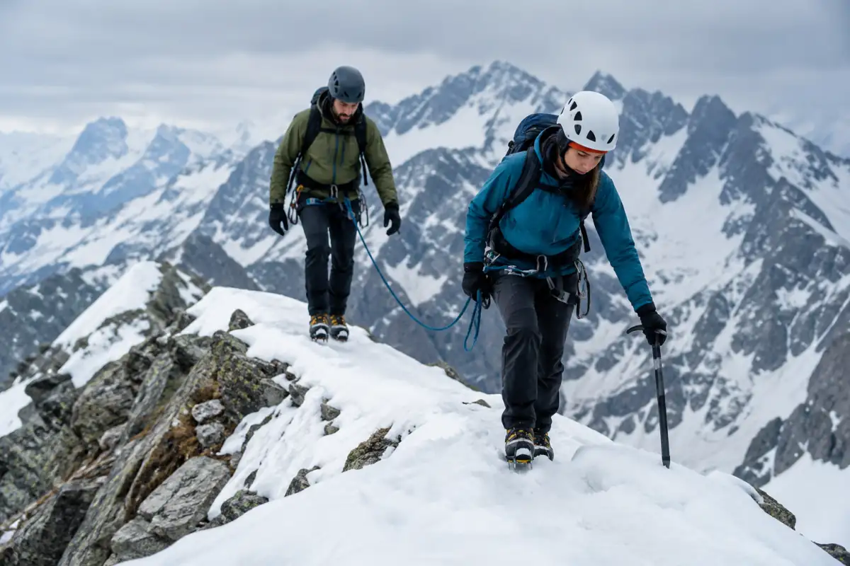 Alpinisme sur une arête enneigée des Alpes : une cordée progresse avec crampons, piolets et corde.
