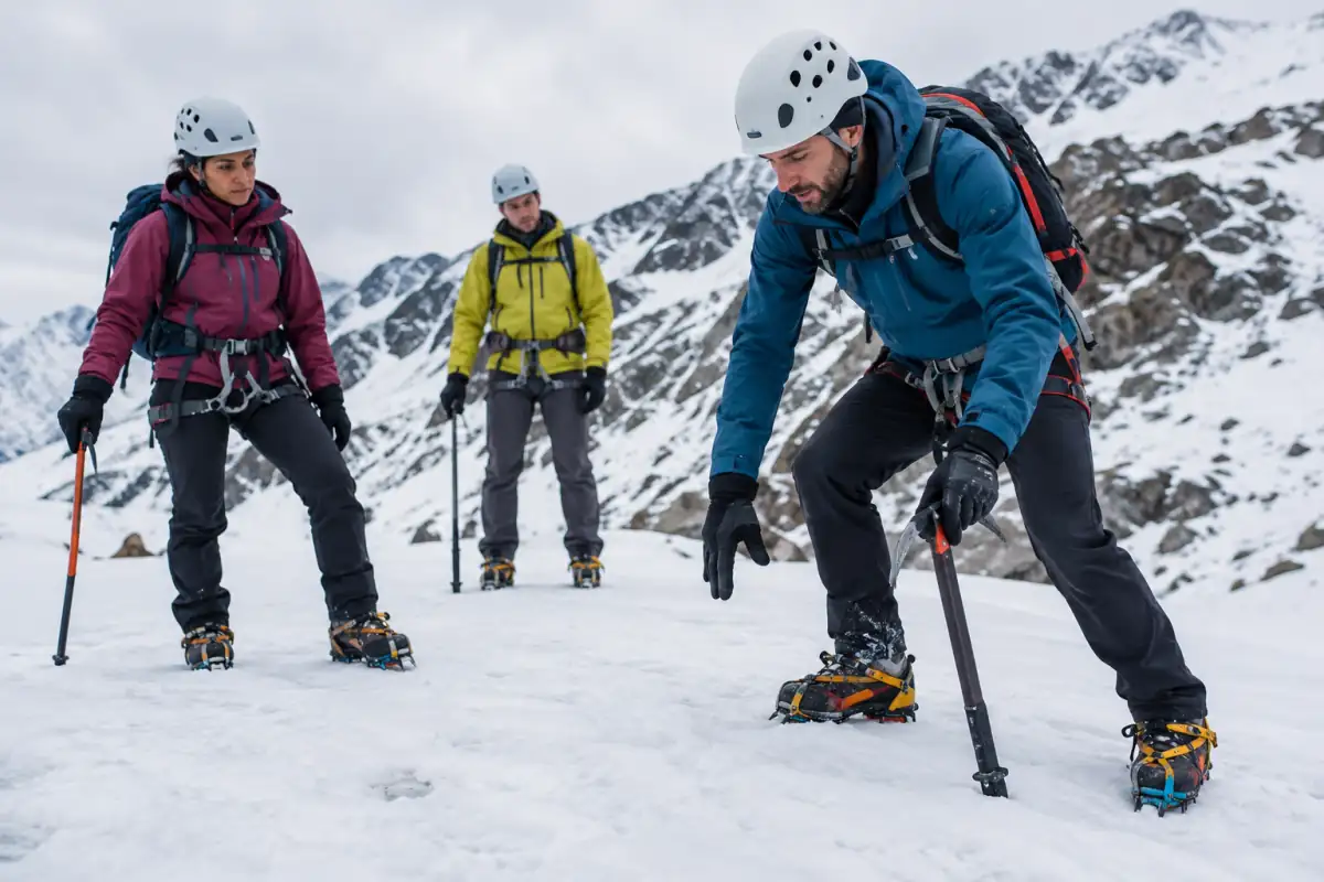 Un guide de haute montagne montre à deux débutants comment poser les crampons sur une pente de neige peu inclinée.