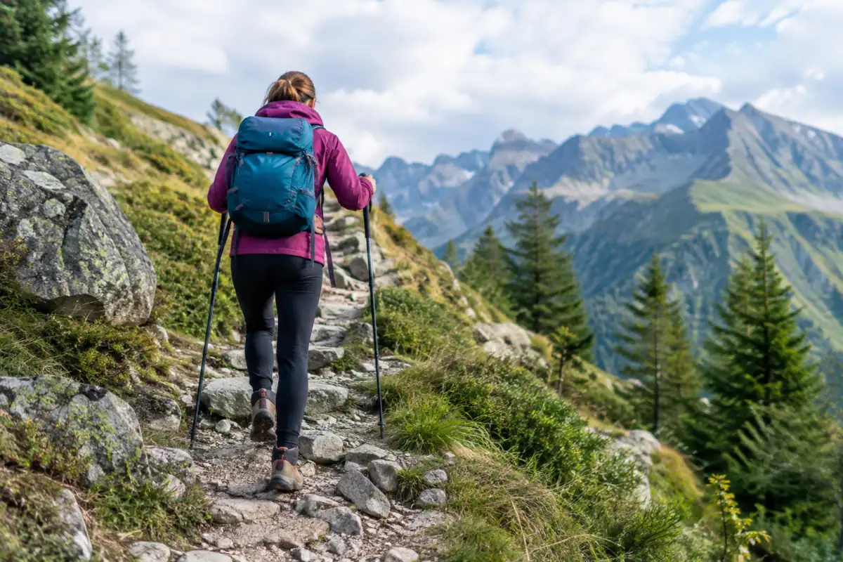 Randonneur débutant portant un sac léger et marchant en montée sur un sentier alpin pour préparer une course d’alpinisme.