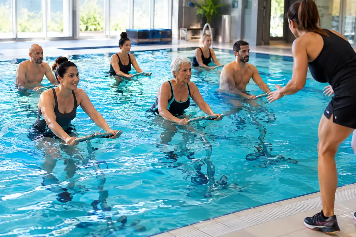 Cours d’aquabike en piscine : des pratiquants pédalent sur des vélos immergés, guidés par une coach au bord du bassin.