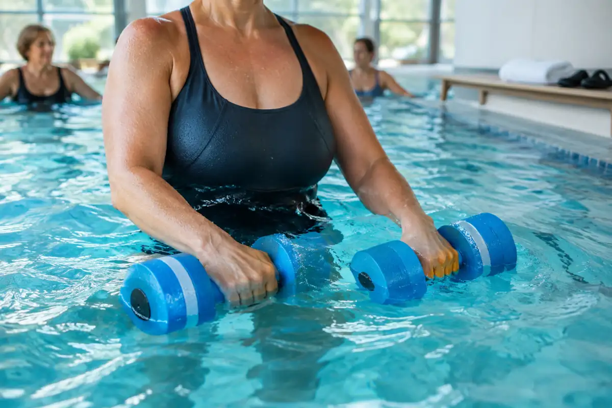 Une personne en cours d’aquagym contrôle la poussée de deux haltères en mousse dans l’eau, avec des sandales de piscine posées à proximité.
