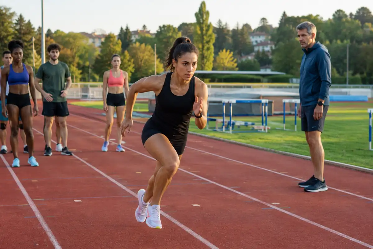 Athlète en accélération sur une piste d’athlétisme française, avec un entraîneur et des haies en arrière-plan.