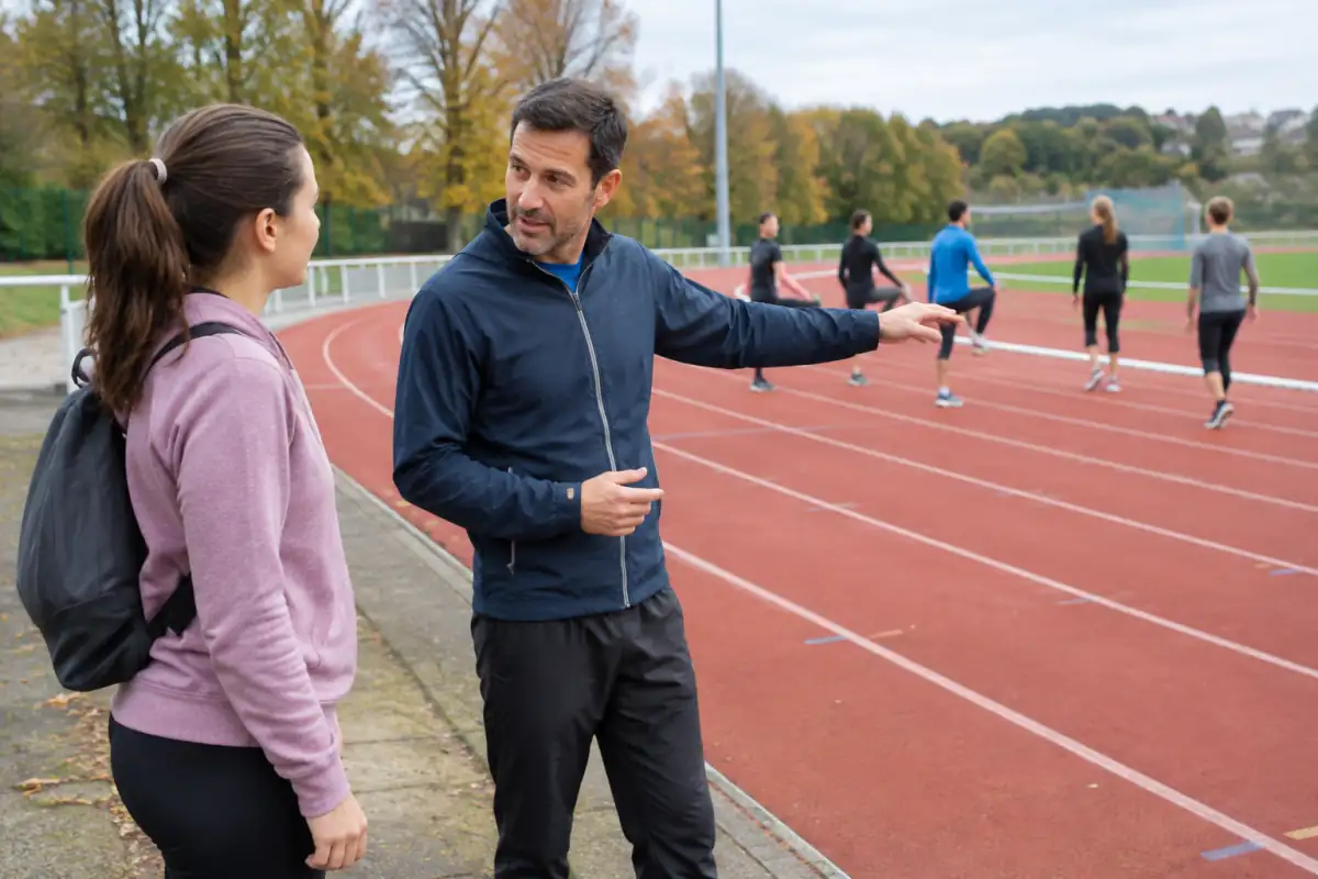 Un adulte débutant échange avec un entraîneur au bord d’une piste avant une séance d’essai d’athlétisme en club.