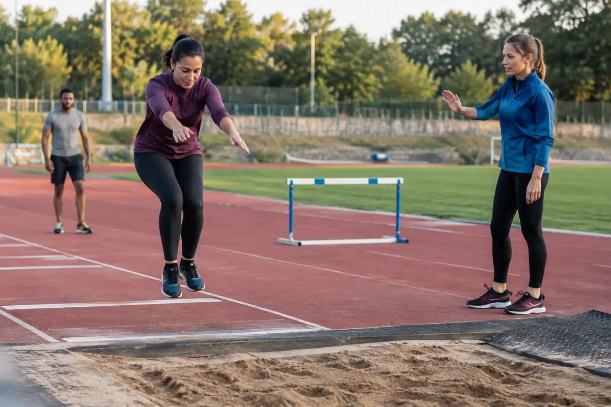Un débutant découvre le saut en longueur lors d’une séance d’initiation à l’athlétisme encadrée sur une piste.