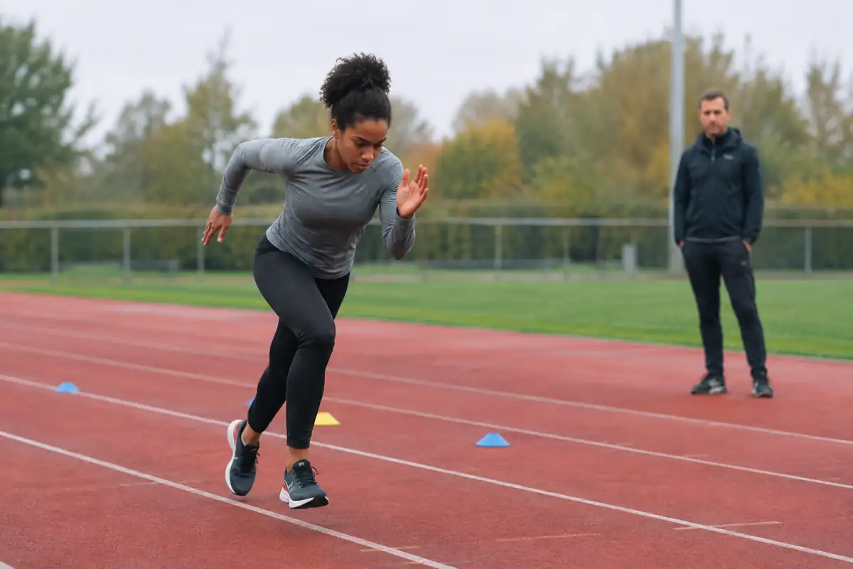 Débutant en sprint réalisant des accélérations progressives sur une piste d’athlétisme, sous le regard de son entraîneur.