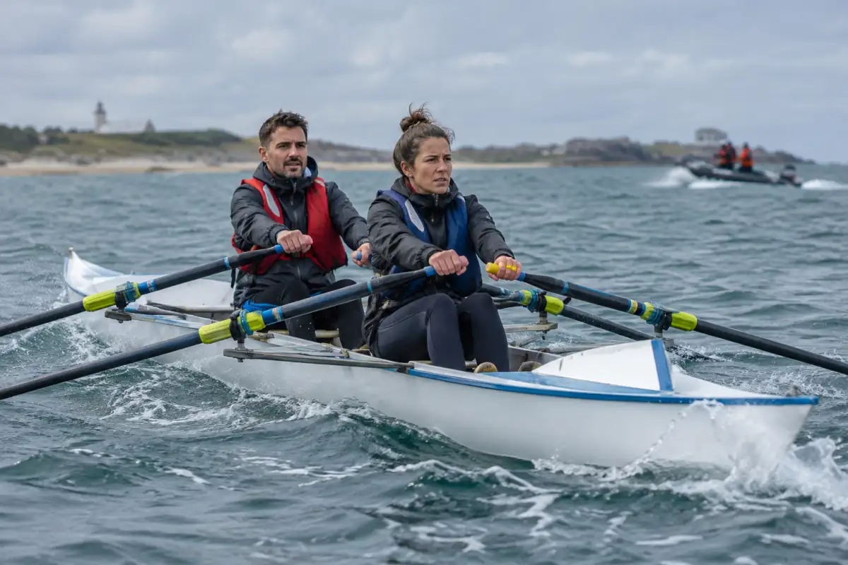 Deux rameurs en aviron côtier propulsent un bateau renforcé dans le clapot, équipés de gilets et de vêtements adaptés.