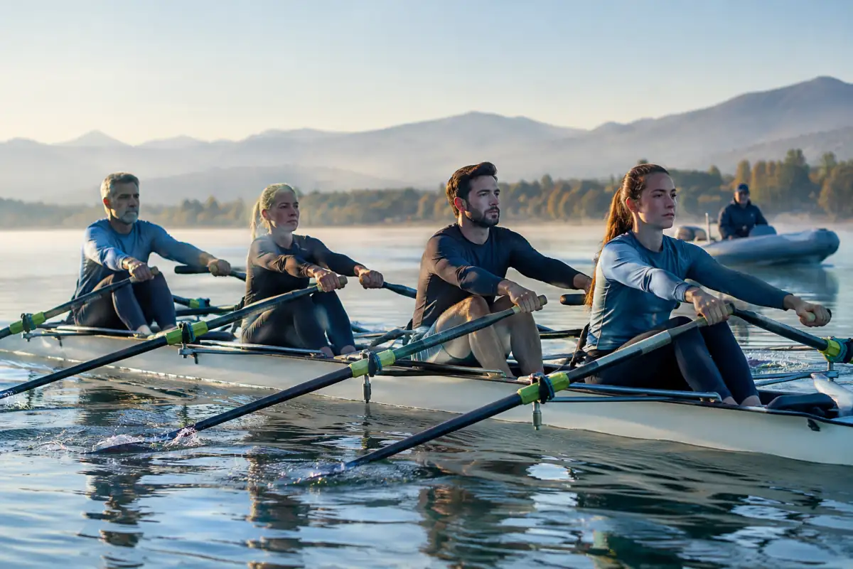 Équipage de quatre rameurs en action sur un lac, poussant ensemble sur leurs avirons dans un bateau de course.