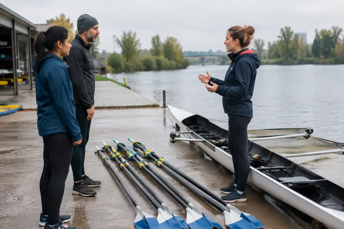Débutant en tenue de sport écoutant les consignes d’un encadrant près d’un bateau d’aviron avant une séance d’essai.