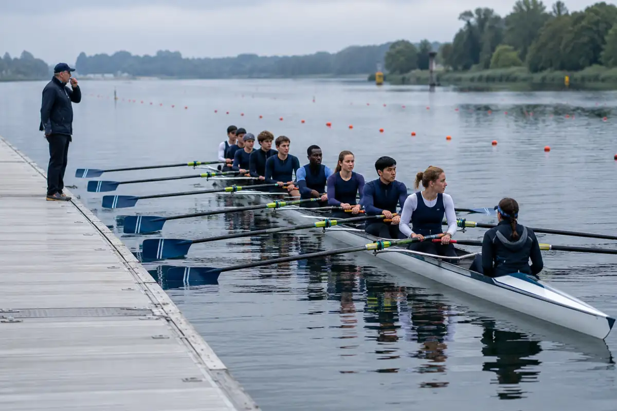 Départ d’une course d’aviron en bassin : huit rameurs alignés dans leur ligne d’eau, sous le contrôle du starter.