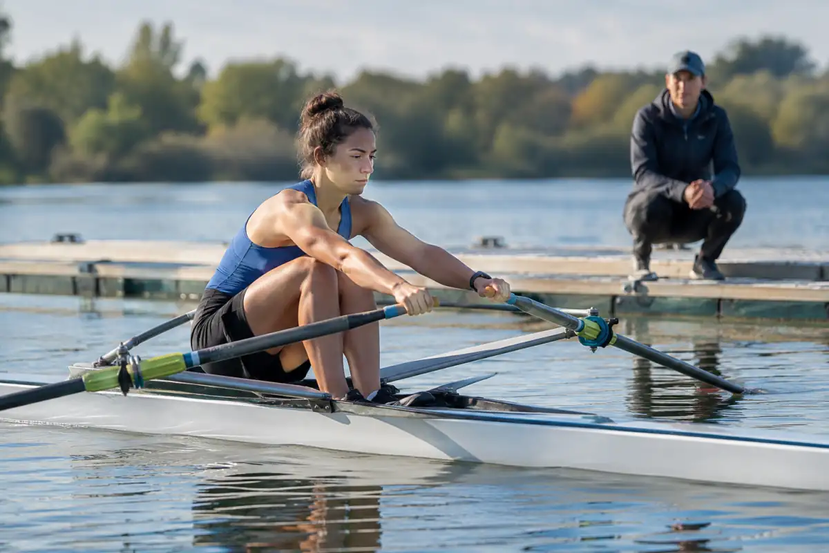 Rameuse débutante en skiff, jambes fléchies et bras tendus à la prise d’eau, sous le regard d’un entraîneur depuis le ponton.