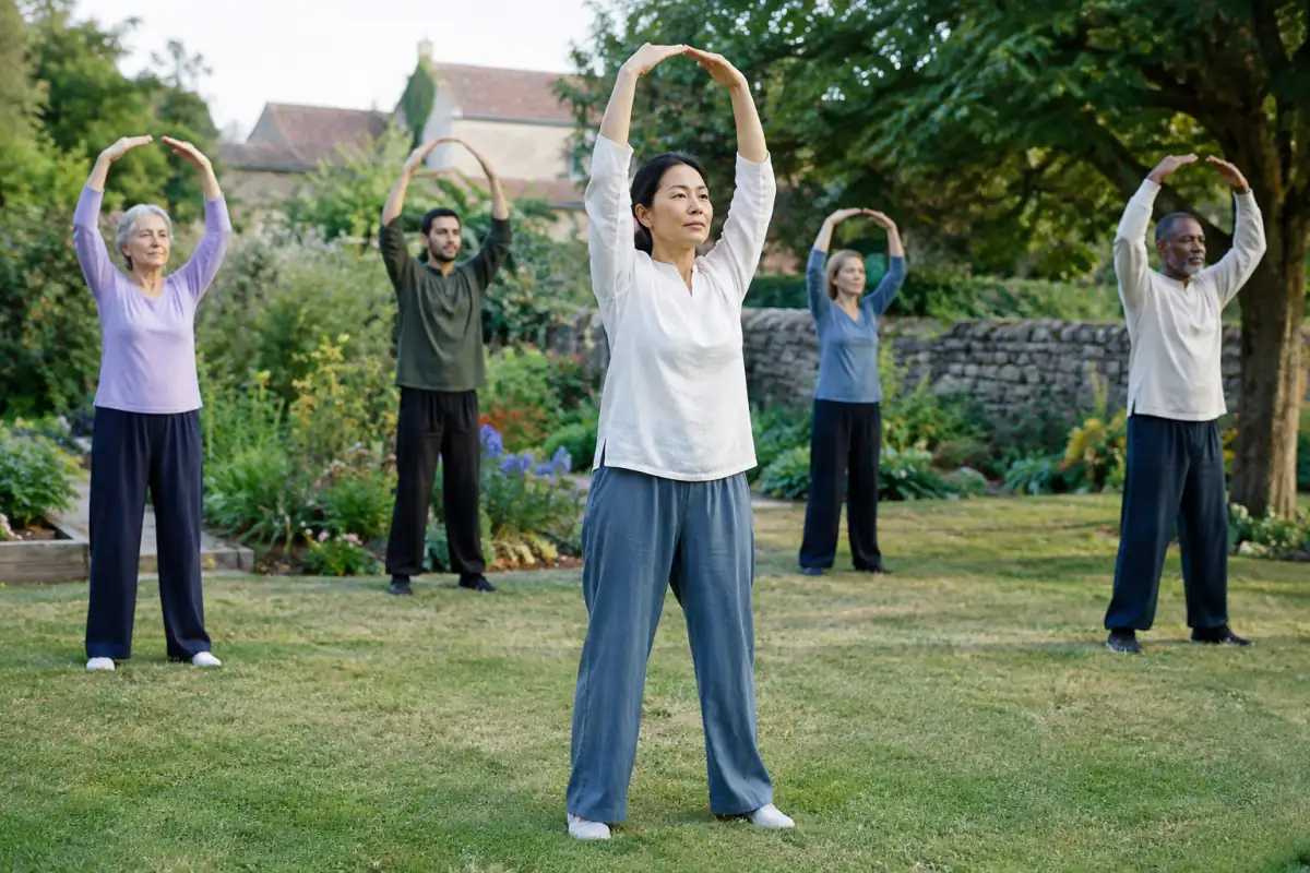 Un groupe pratique le Ba Duan Jin dans un jardin, bras levés au-dessus de la tête et posture stable.