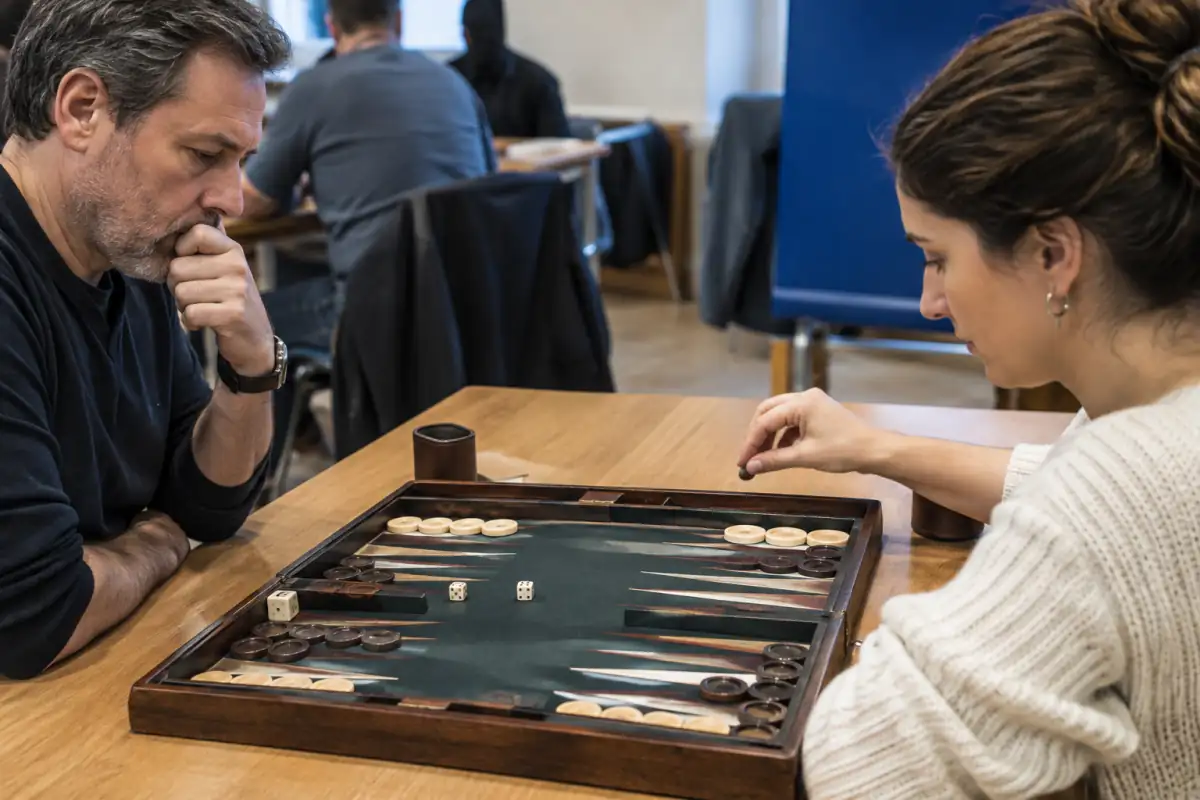 Deux joueurs disputent une partie de backgammon de compétition autour d’un plateau avec pions, dés et cube doubleur.