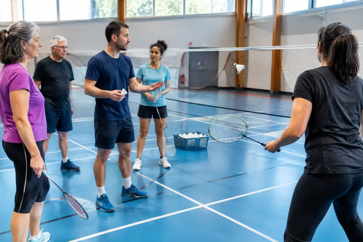 Des adultes débutants découvrent le badminton en club, raquette en main, pendant une séance encadrée sur un terrain couvert.