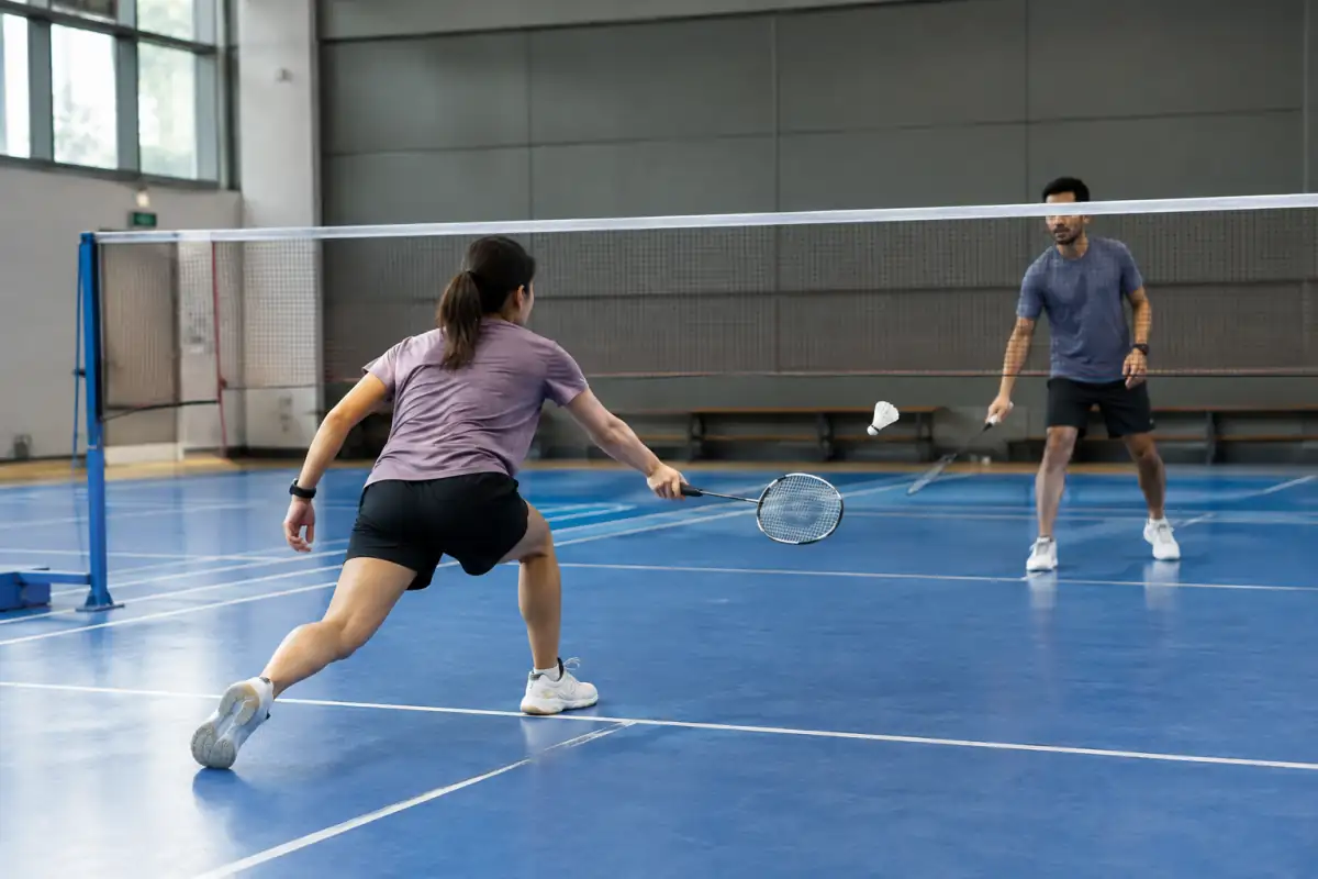 Deux joueurs loisirs répètent un déplacement vers l’avant et un envoi contrôlé sur un terrain de badminton en salle.