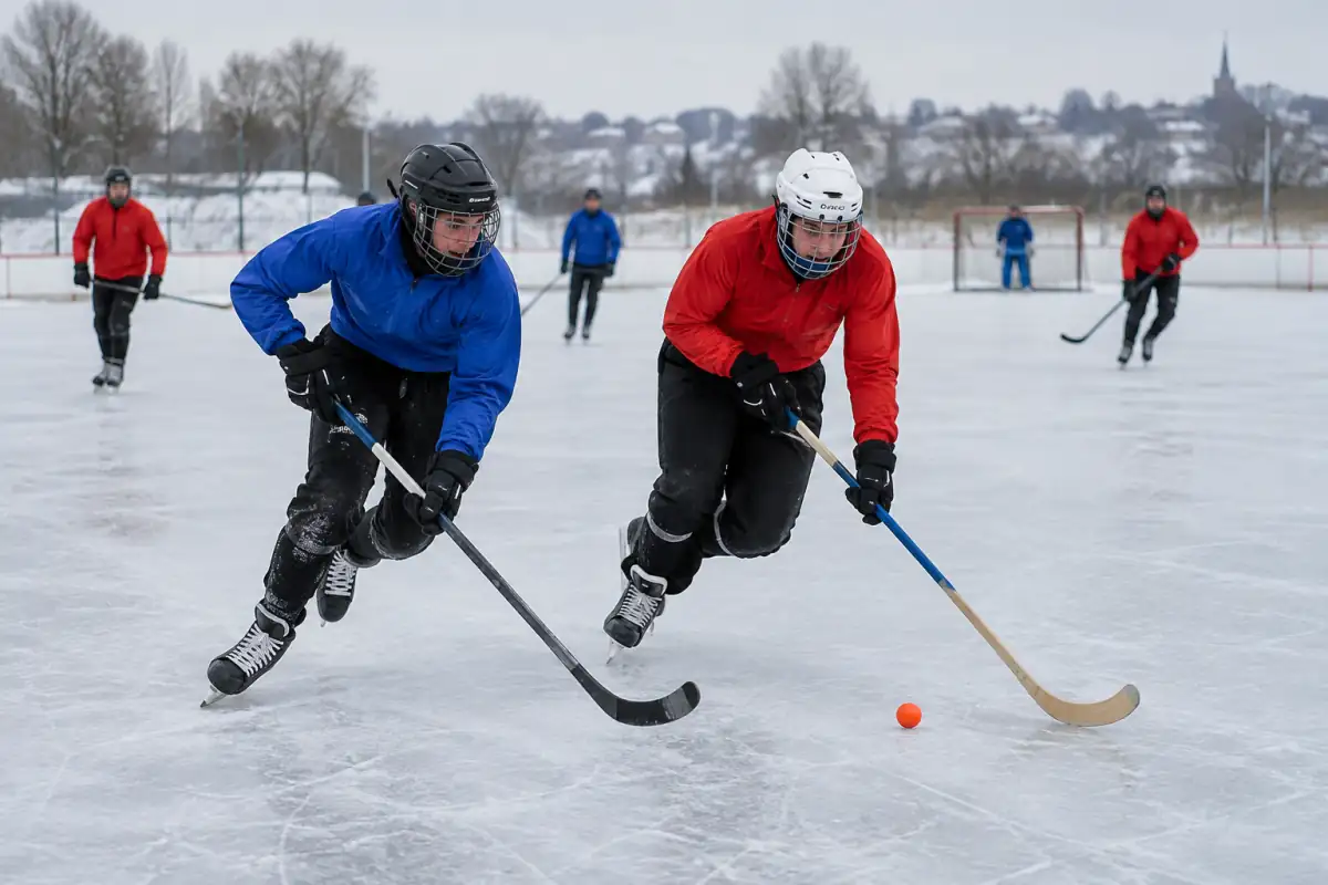 Deux joueurs en patins disputent une balle orange avec leurs crosses lors d’un match de bandy sur une vaste surface glacée.