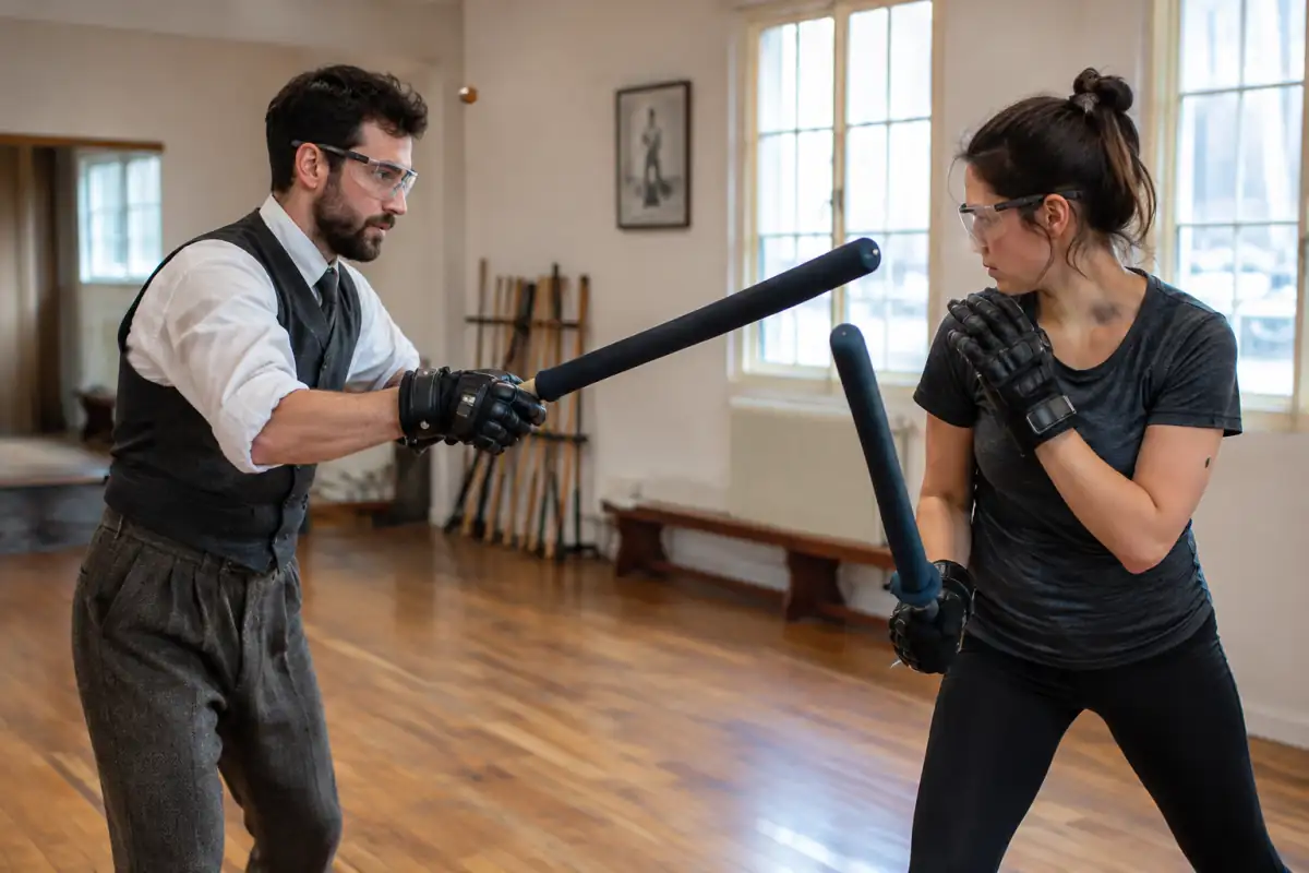 Deux pratiquants travaillent une parade à la canne lors d’un entraînement encadré de Bartitsu en salle.