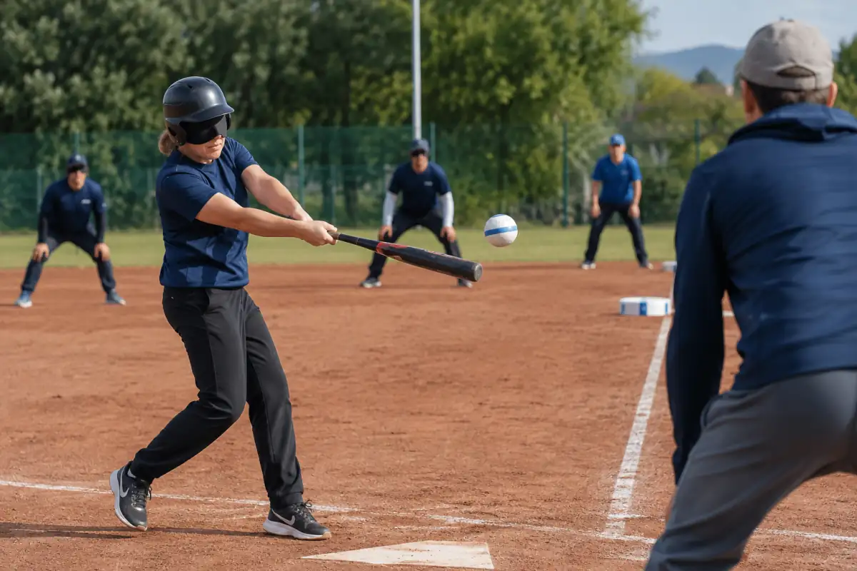 Un joueur masqué frappe une balle sonore pendant une séance de baseball pour aveugles sur un terrain extérieur.