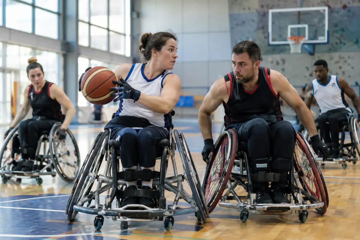 Deux joueurs en fauteuil de sport disputent le ballon lors d’un match de basket fauteuil dans une salle.