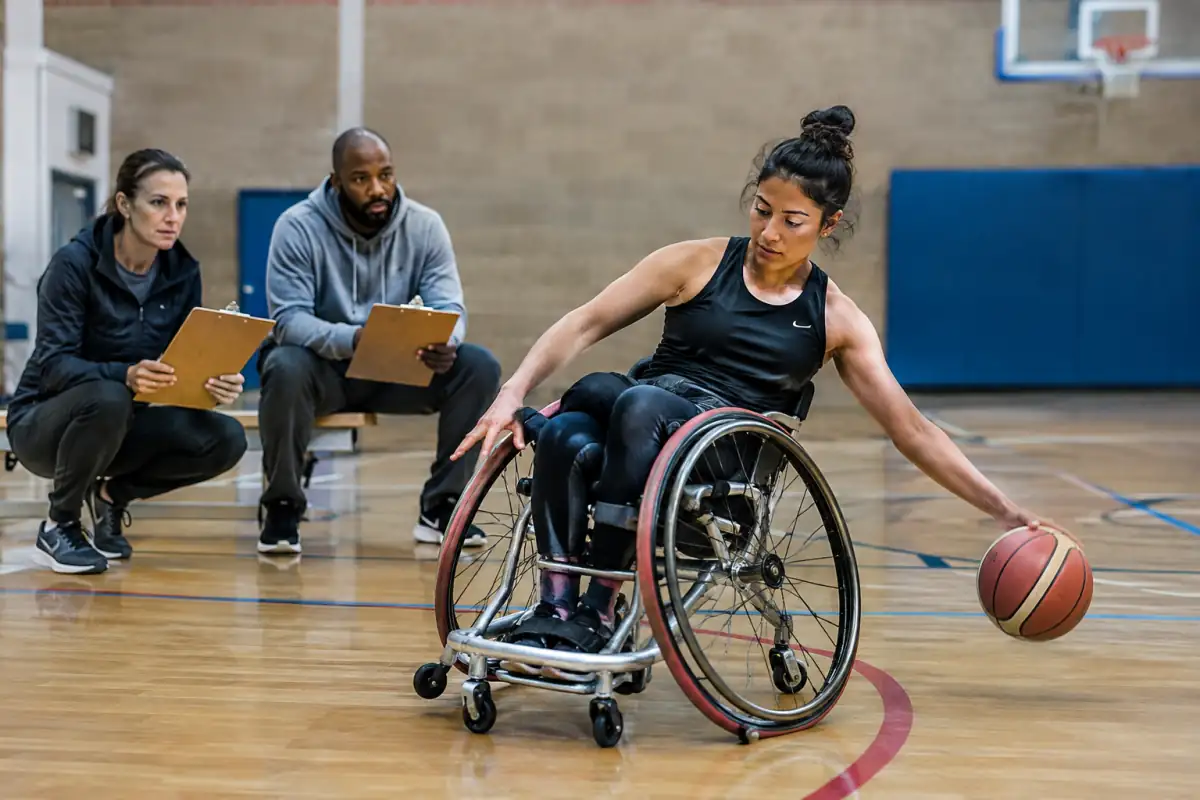 Un joueur en fauteuil de basket réalise un geste avec le ballon pendant que des classificateurs observent son équilibre et ses mouvements du tronc.