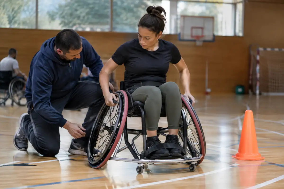 Joueur testant le virage d’un fauteuil de basket réglé avec roues inclinées, repose-pieds et sangle de maintien.