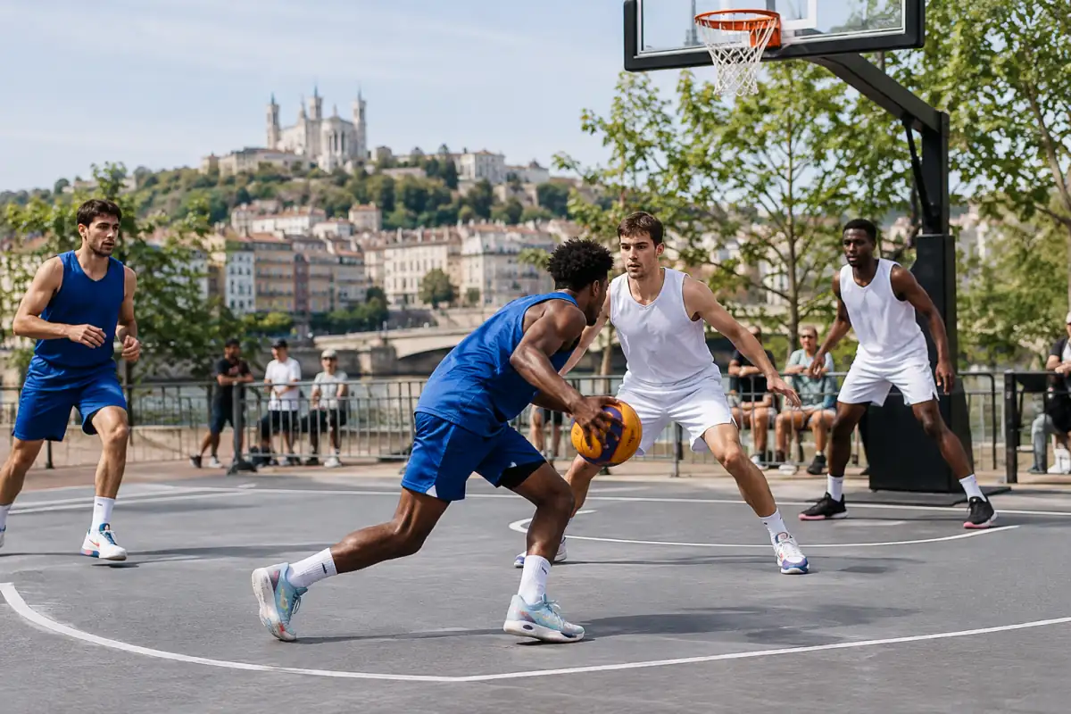Action de basketball 3x3 sur demi-terrain : un joueur attaque le panier tandis qu’un défenseur se place devant lui.