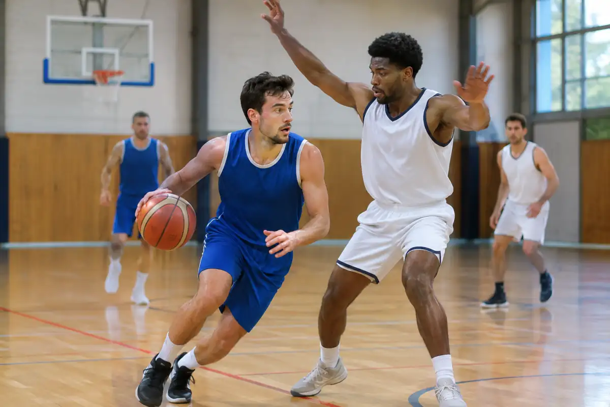 Action de basketball en salle : une joueuse en tenue de club dribble vers le panier sur un parquet, défendue par une adversaire.