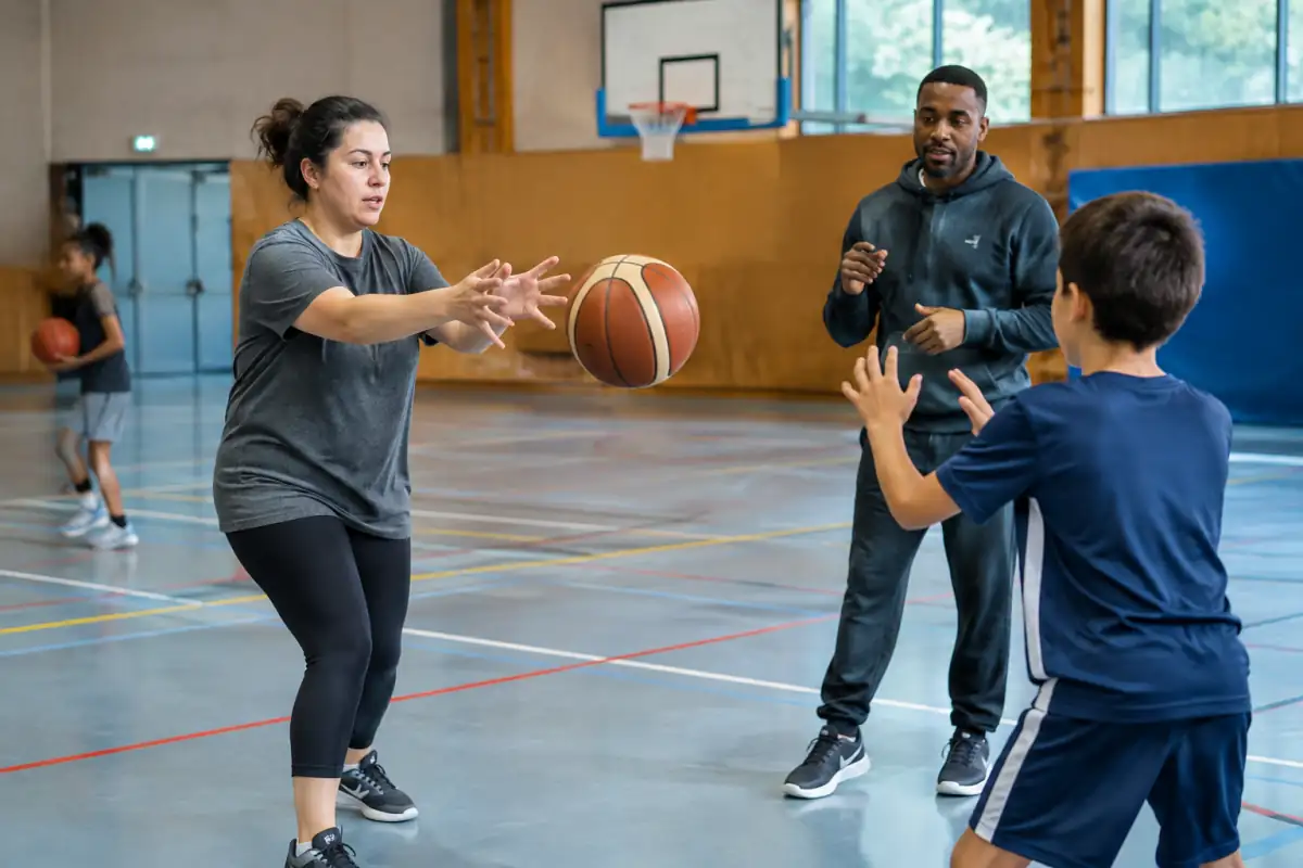 Un entraîneur accompagne une débutante et un jeune joueur pendant un exercice de passe dans un gymnase de basketball.