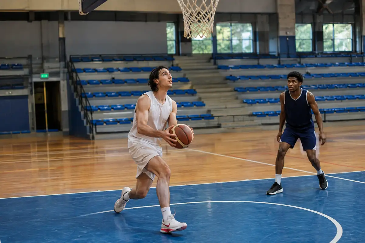 Joueur de basketball qui contrôle le ballon et termine ses deux appuis pour tirer près du panier, sur un terrain intérieur.