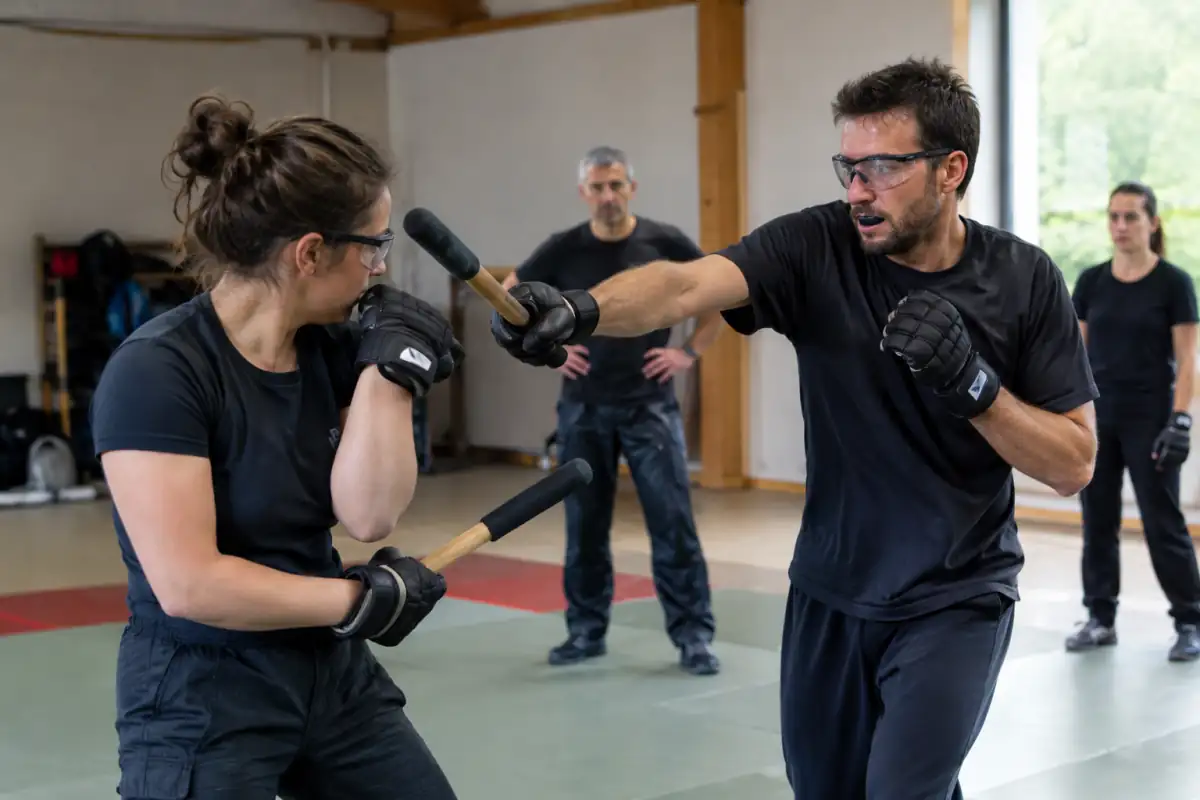 Deux adultes s’entraînent au bataireacht dans une salle, avec bâtons rembourrés, gants et protections lors d’un échange contrôlé.