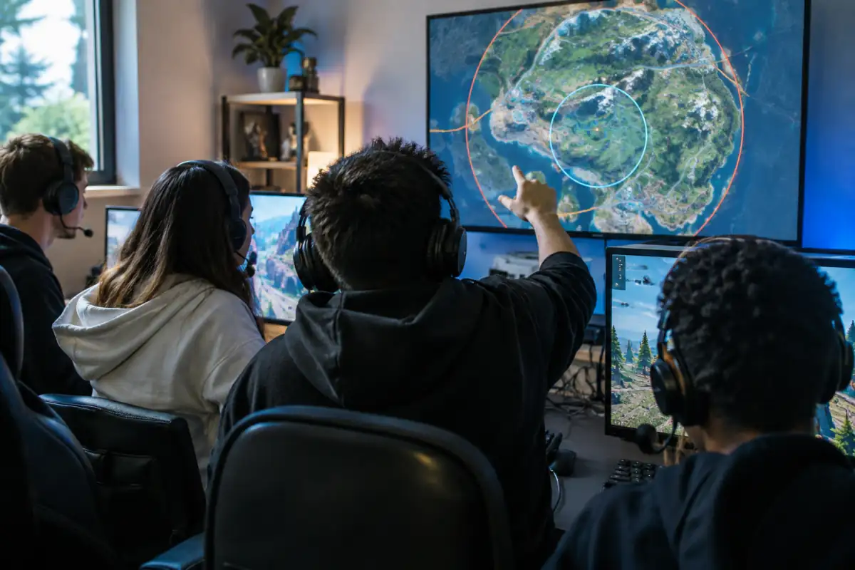 Une équipe de joueurs coordonne une rotation vers la zone sur une carte de battle royale, avec un meneur qui indique l’itinéraire.