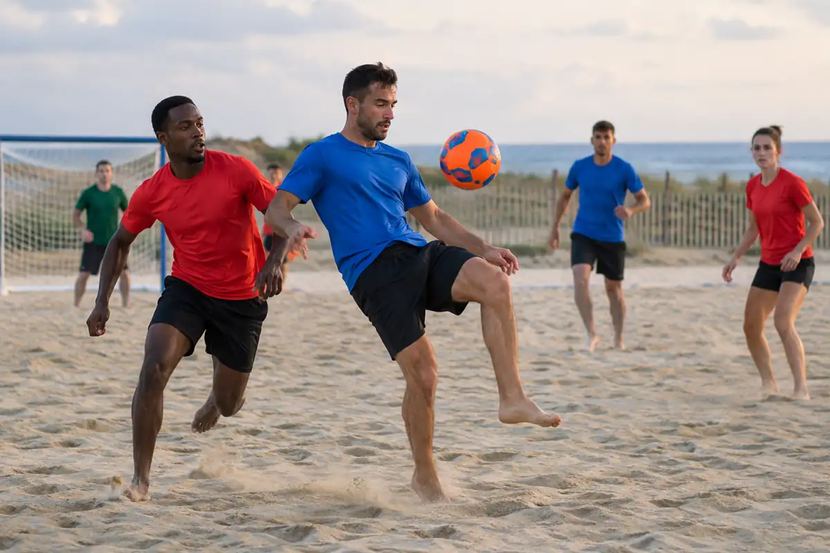 Beach soccer : des joueurs pieds nus disputent le ballon sur un terrain de sable lors d’un match à cinq contre cinq.