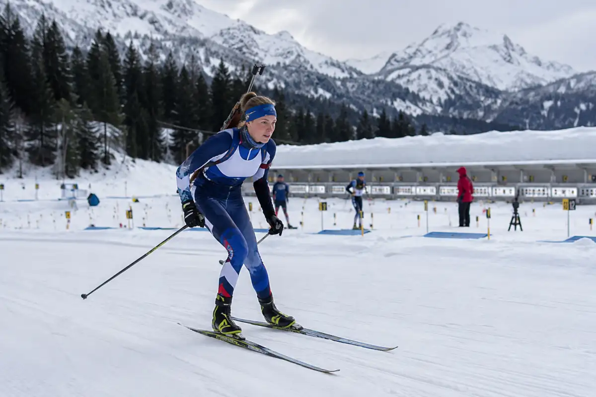 Biathlète en skating sur une piste enneigée, carabine dans le dos et pas de tir visible en arrière-plan.