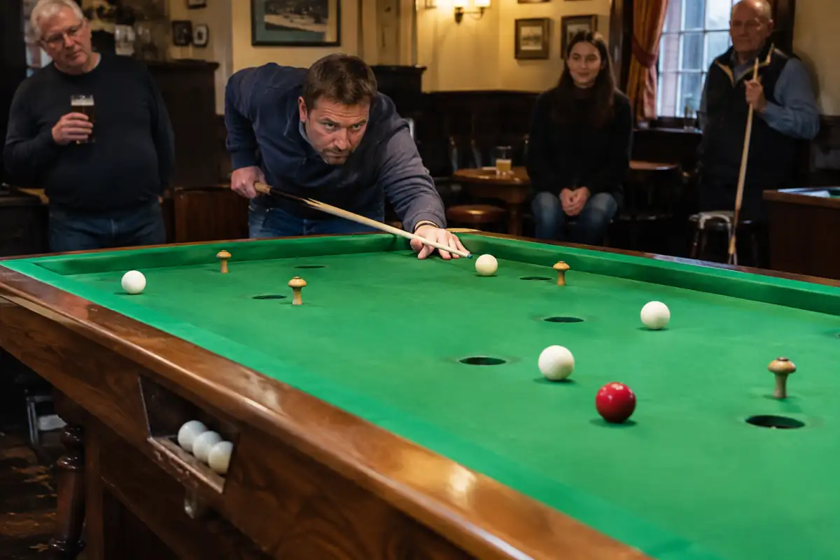 Joueur visant un trou numéroté sur une table de billard de bar avec billes blanches, bille rouge et petites quilles.