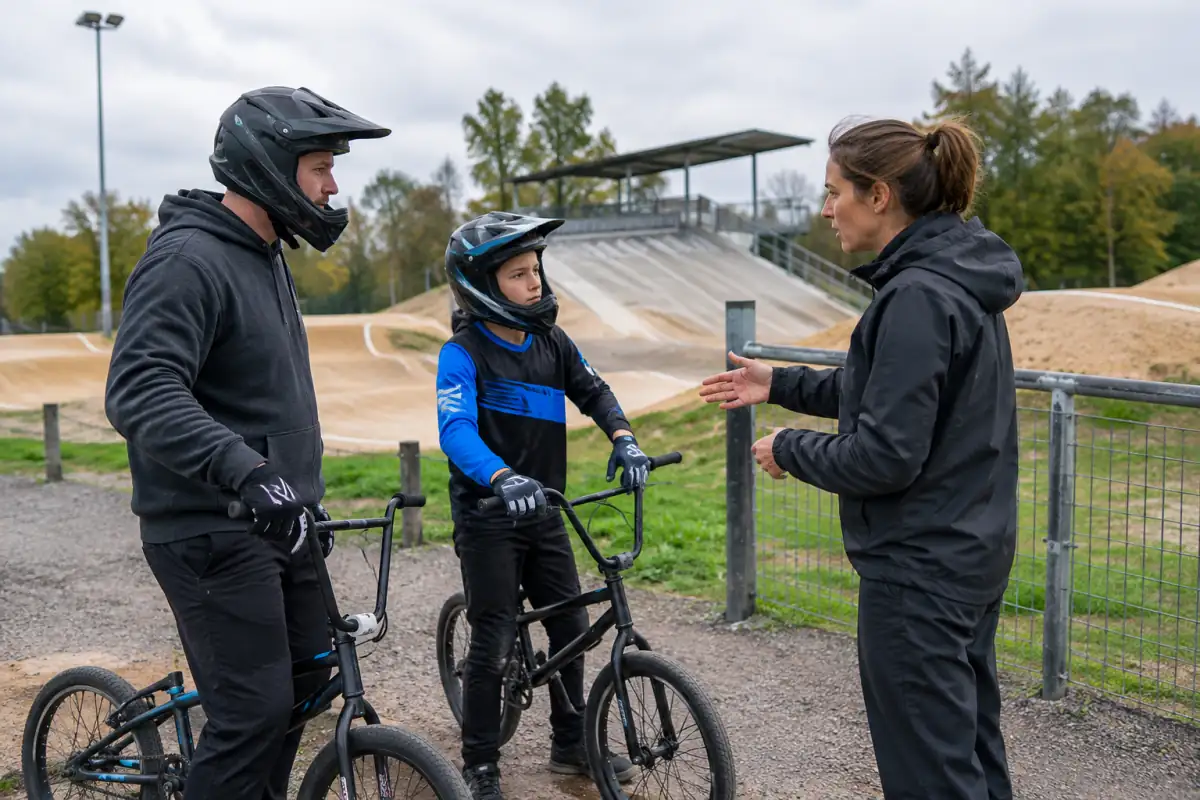 Un coach explique les consignes de sécurité à un adulte et un jeune débutants près de leurs BMX, avant une séance d’essai en club.