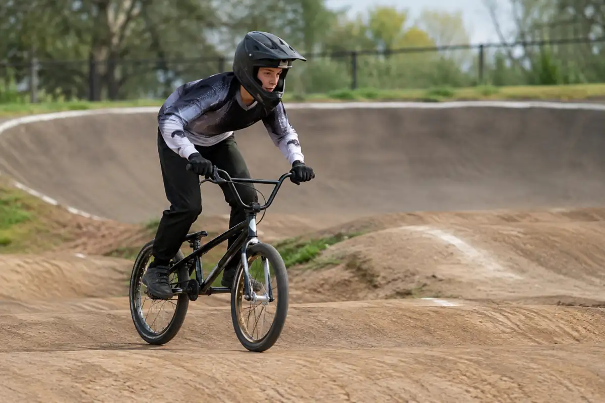 Pilote de BMX race qui pompe une bosse, genoux fléchis et regard tourné vers la sortie du prochain virage.