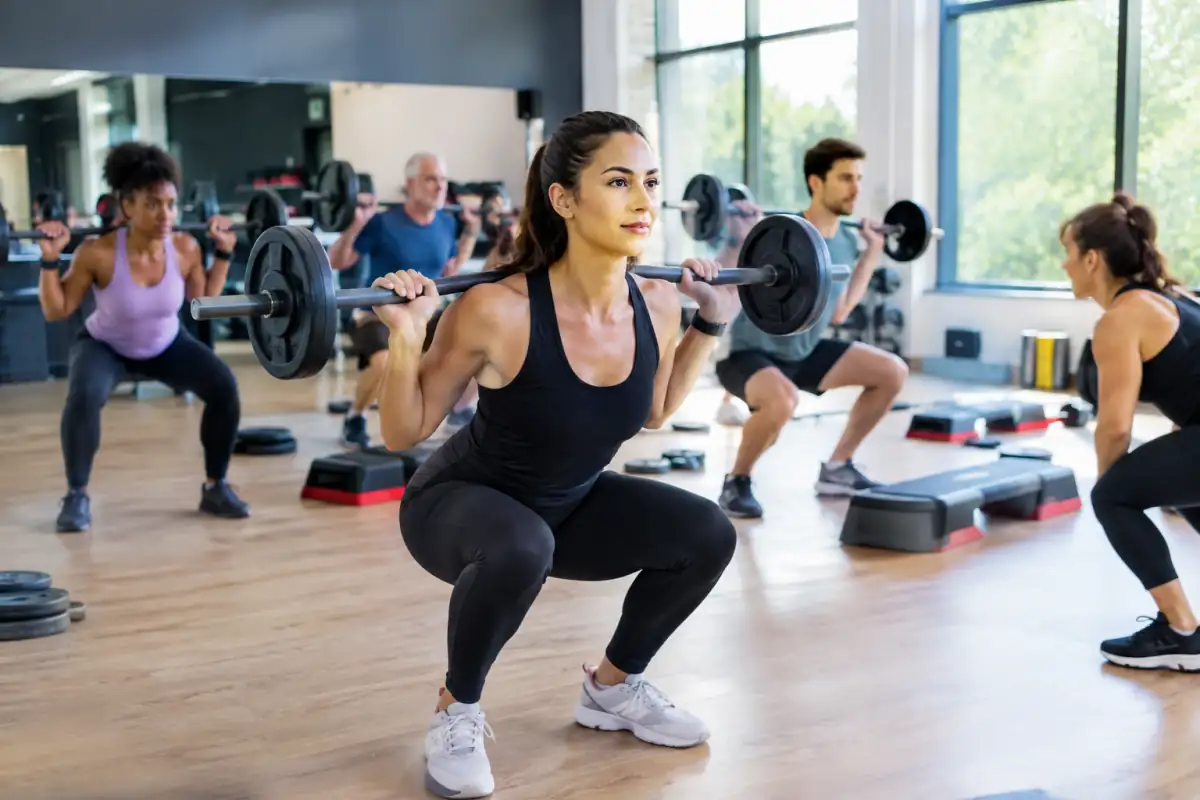 Des participants suivent un cours de BodyPump en salle et réalisent des squats contrôlés avec une barre et des disques légers.