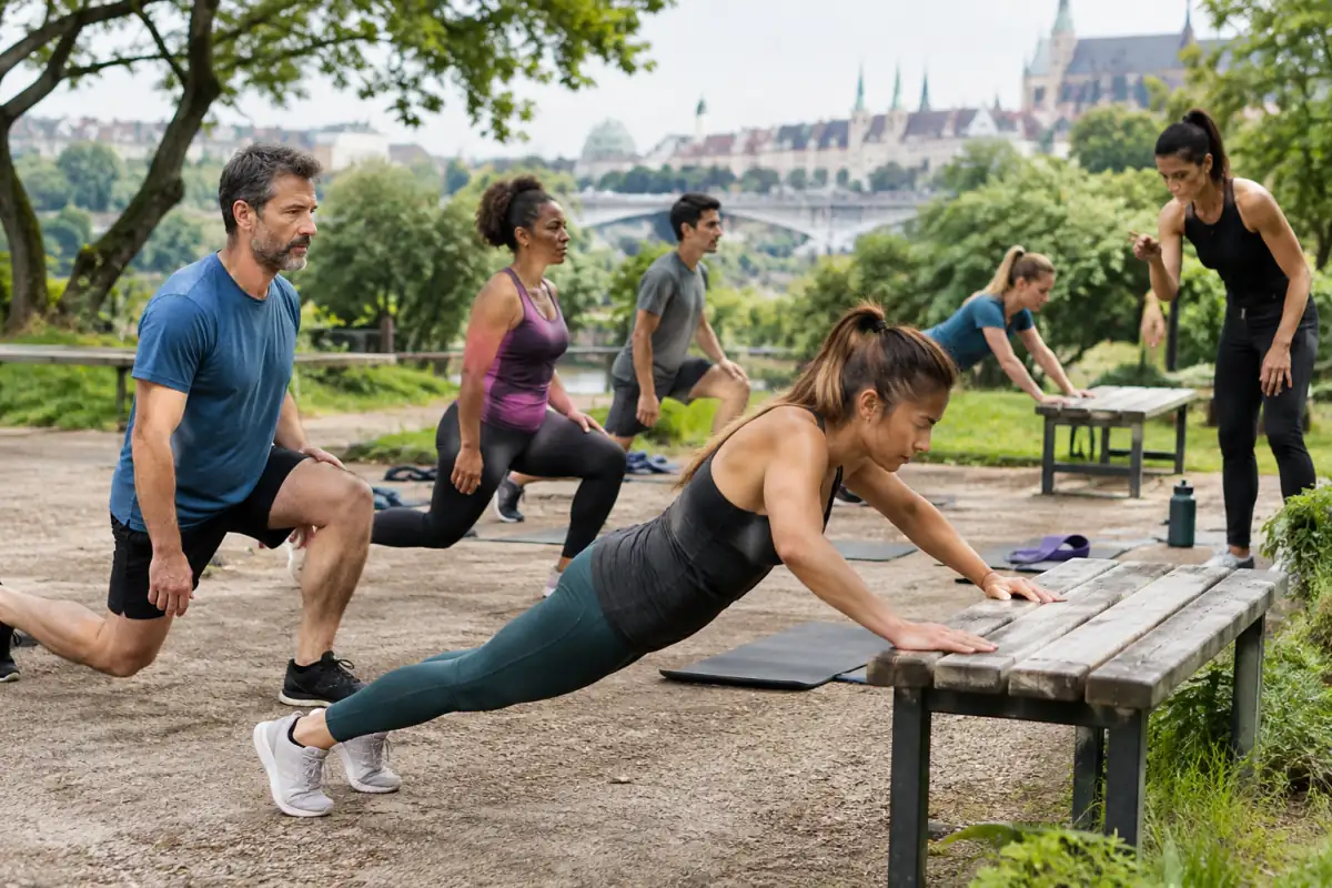 Séance de bootcamp fitness dans un parc : un groupe réalise des fentes et des pompes adaptées sous l’œil d’un coach.