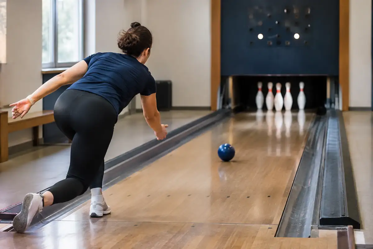 Un joueur lance une boule sans trous sur une piste de bowling à neuf quilles, face aux neuf quilles disposées en losange.