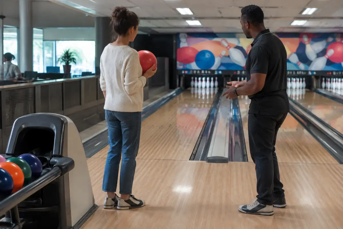 Une débutante découvre une piste de bowling avec une boule de centre, des chaussures adaptées et les conseils d’un membre du personnel.